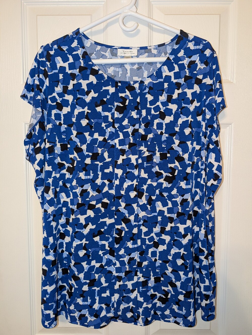 Tahari Arthur Levine Women's 3X Blue Black White Cap Sleeve Blouse Top